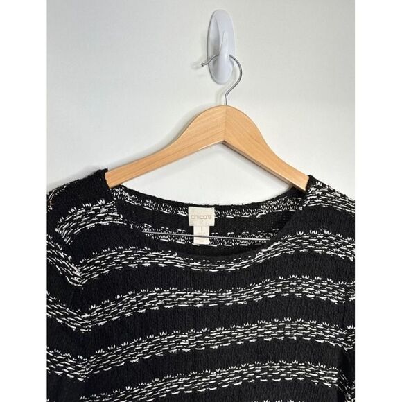 Chico's Striped Fringe Hem Sweater Textured Knit Pullover Top Size Medium - Picture 4 of 7